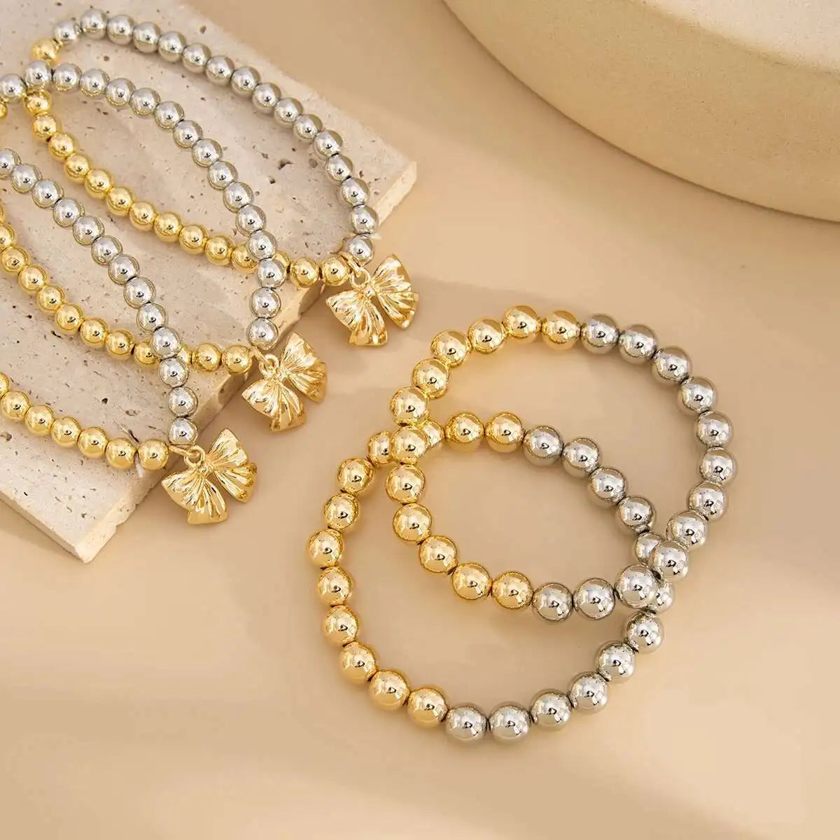 5 PCS Mixed Beaded Bow Bracelet Set