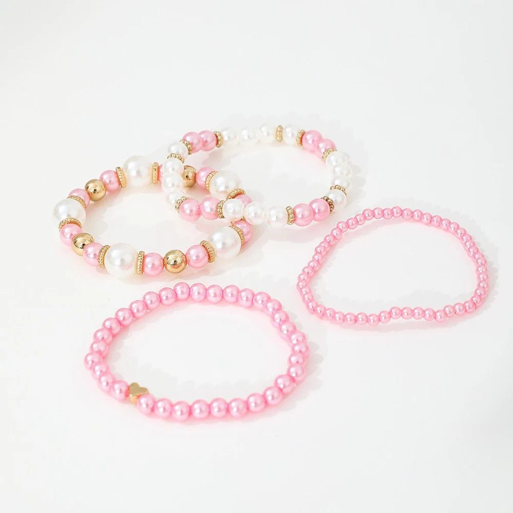 4 PCS White Pearl Beaded Bracelet Set