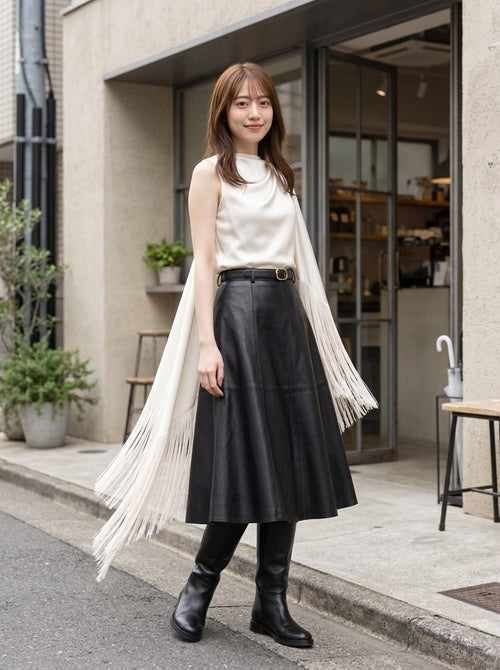 アシンメトリー フリンジドレープトップス 着用イメージ