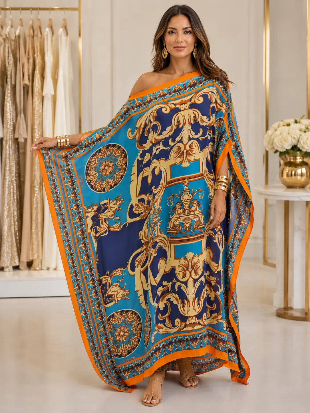 オーナメント柄 ドレープカフタンワンピース