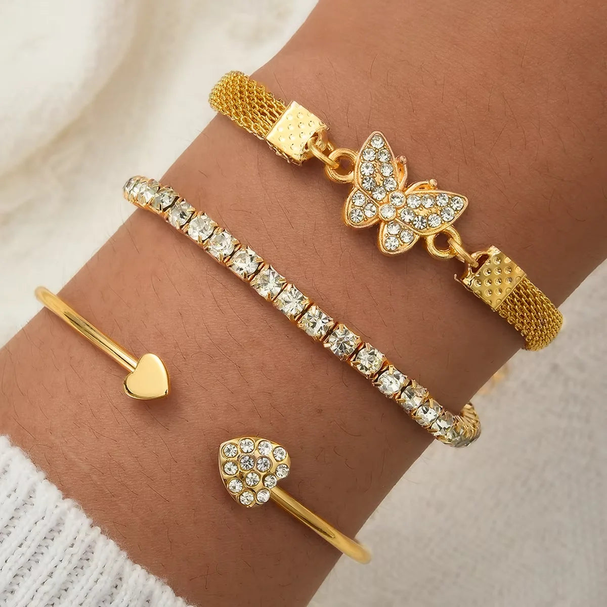 3 PCS Gold Butterfly & Heart Rhinestone Bracelet Set