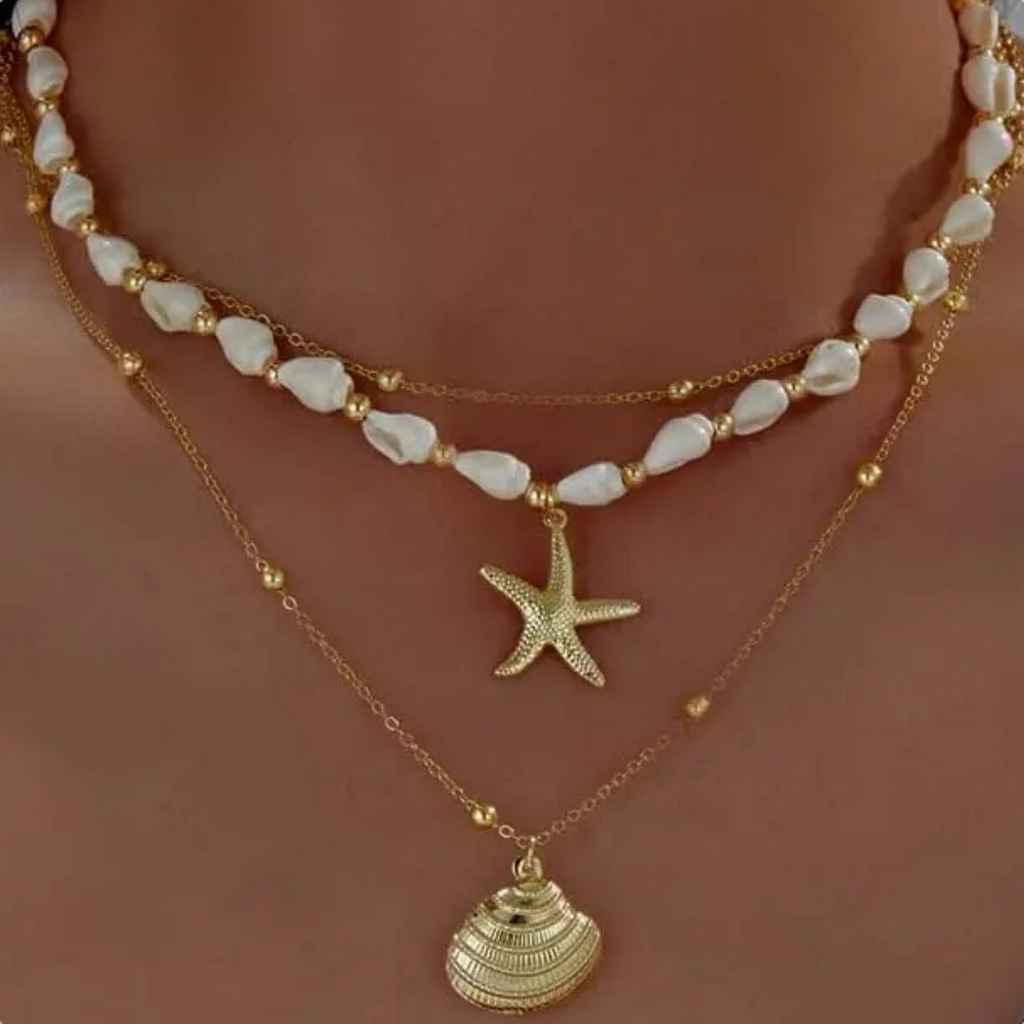 Gold Seashell Starfish Necklace