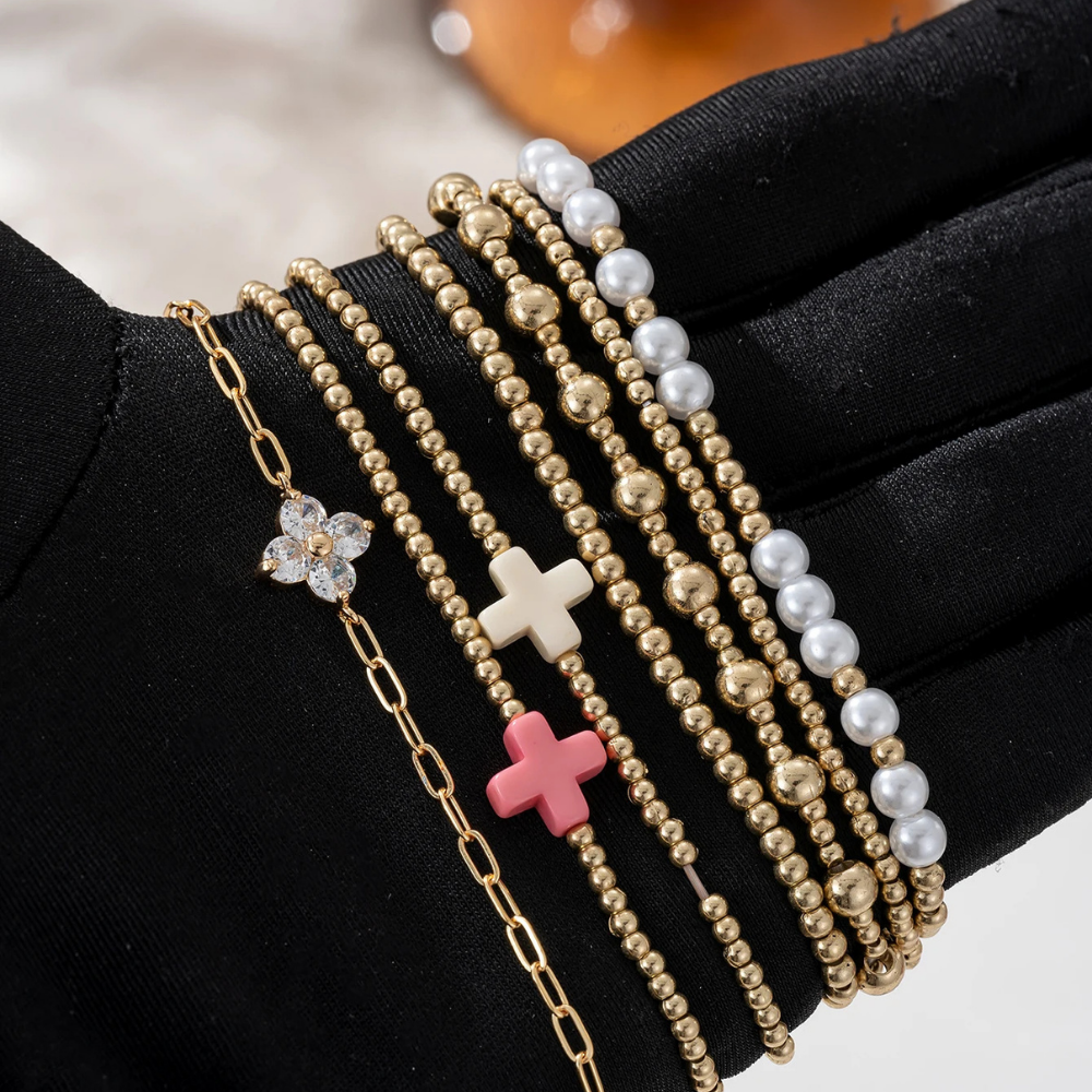 7 PCS Beaded Cross Bracelet Set