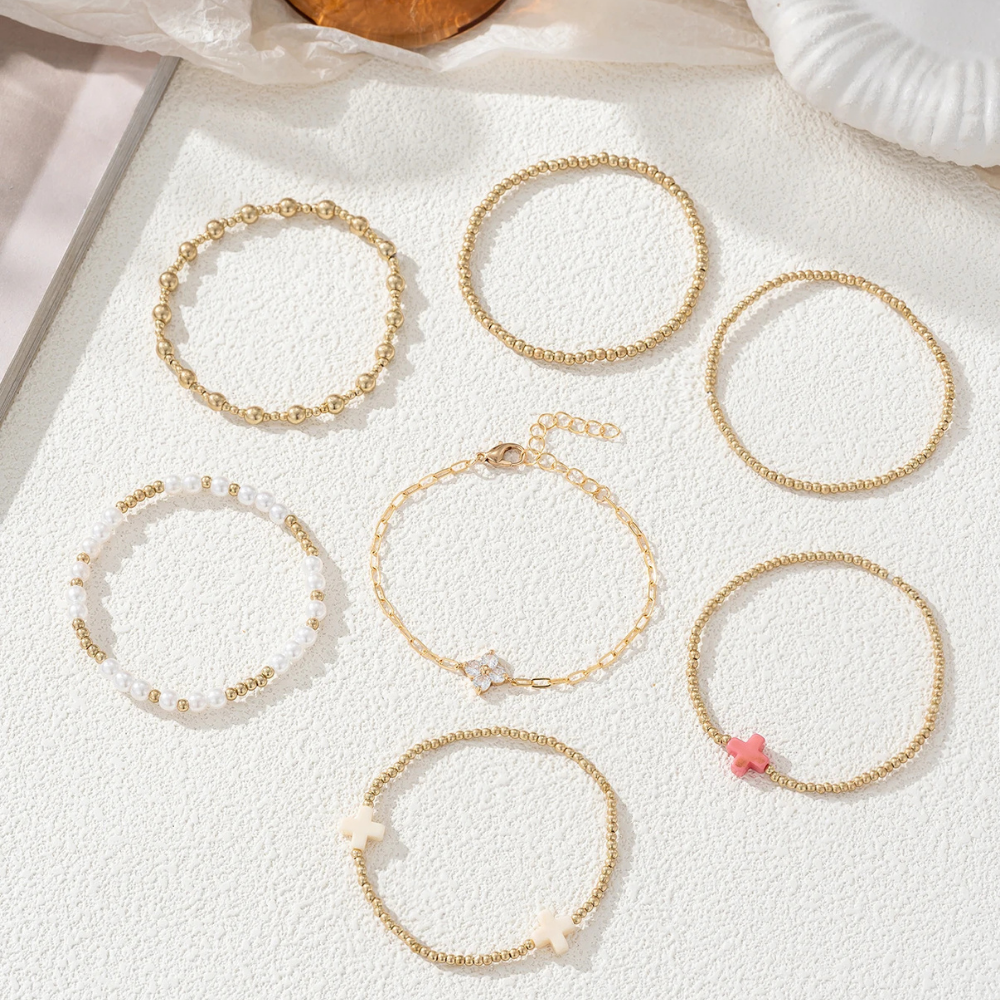 7 PCS Beaded Cross Bracelet Set