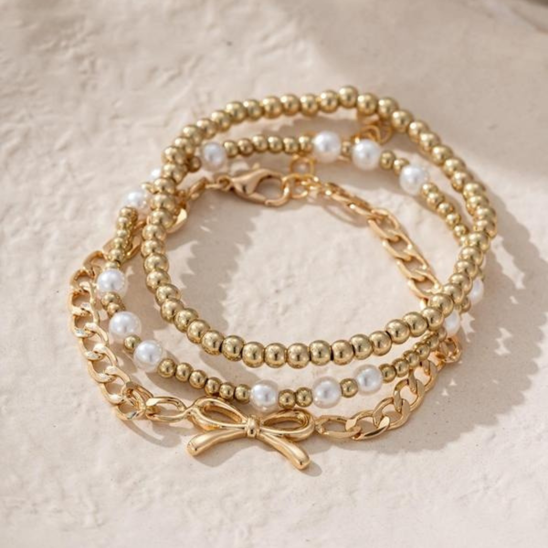3 PCS Beaded Pearl Bow Bracelet