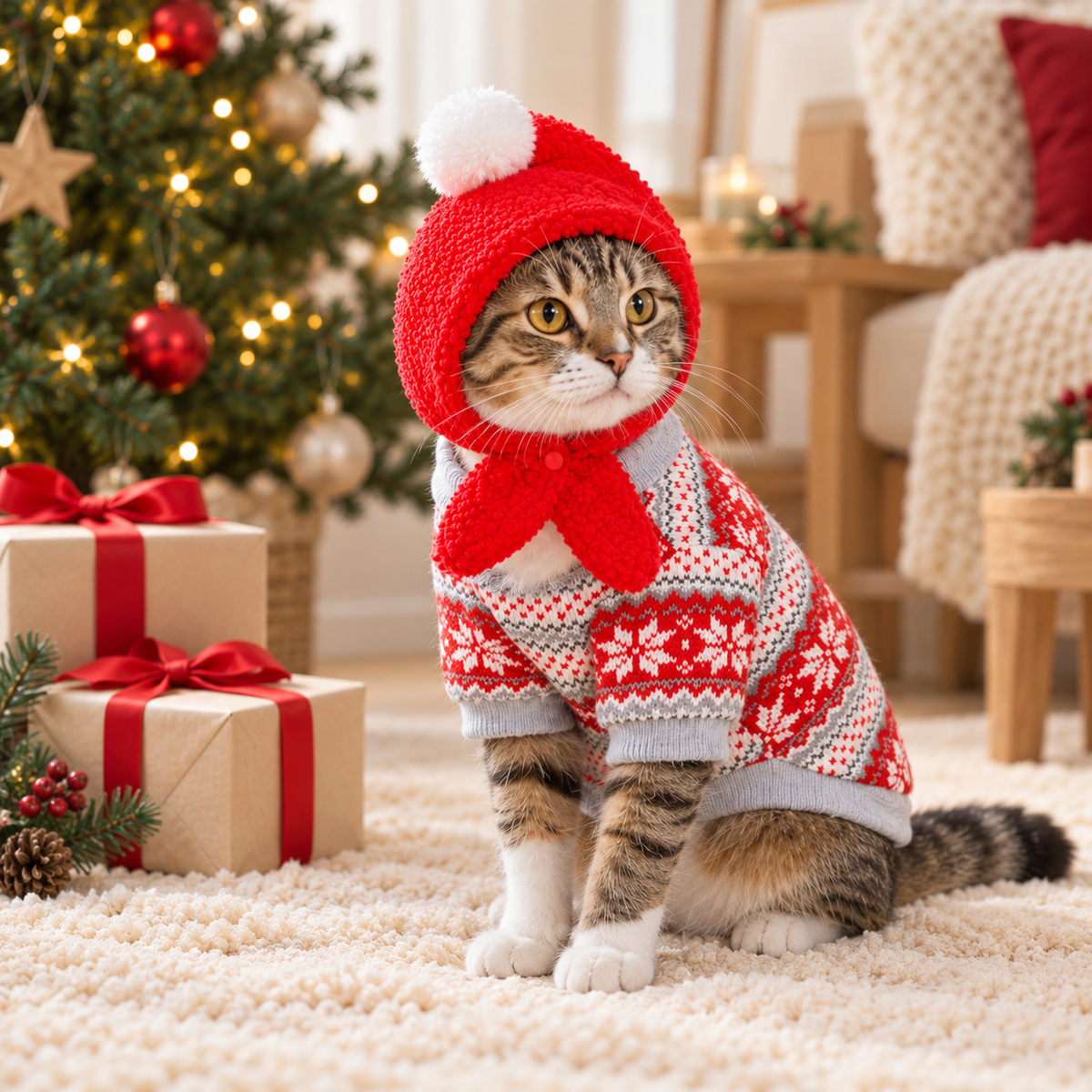 ギフトを背景にした猫のAI生成イメージ。装飾品は商品に含まれません