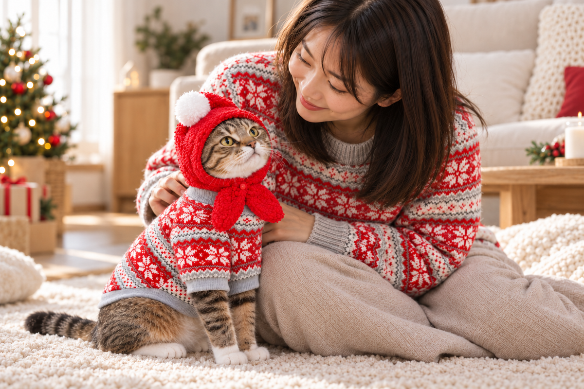 赤いニットと帽子を着た猫に、女性が寄り添っている
