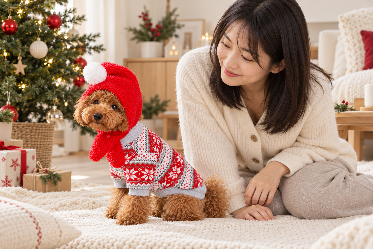 トイプードルと女性がクリスマスを過ごす様子