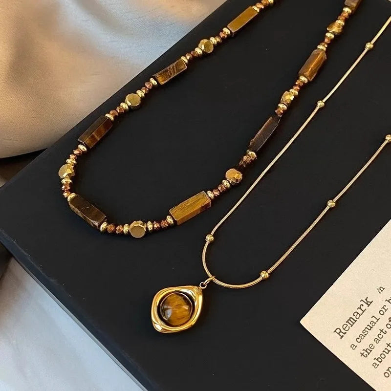 2 PCS Tiger Eye Stone Necklace