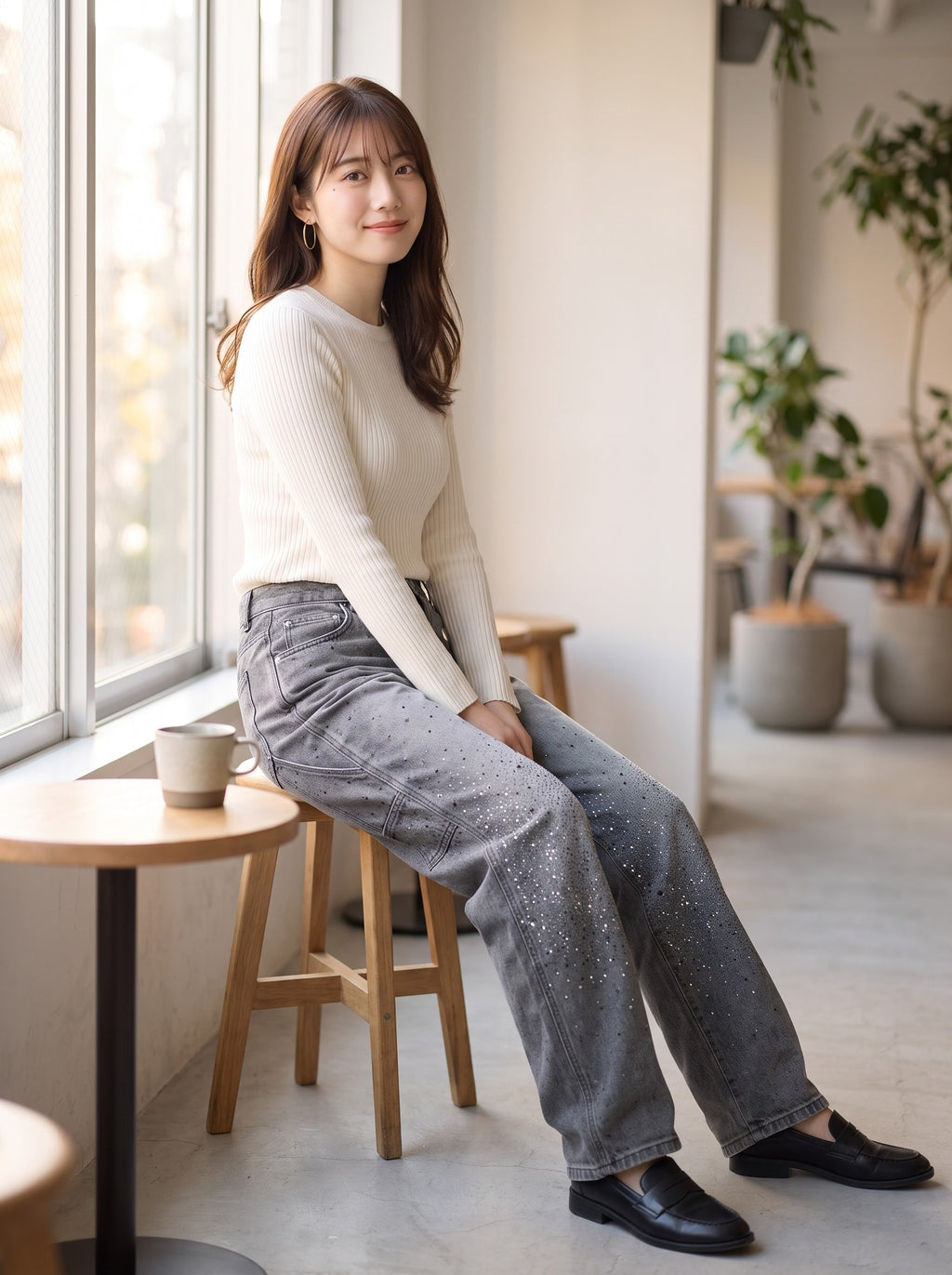 グレイのバルーンデニムを着てカフェで座るコーディネート