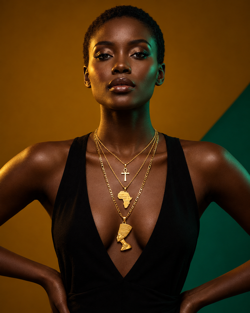 AI-generated SERYN studio campaign: Black female model wearing the three-necklace set in Gold.
