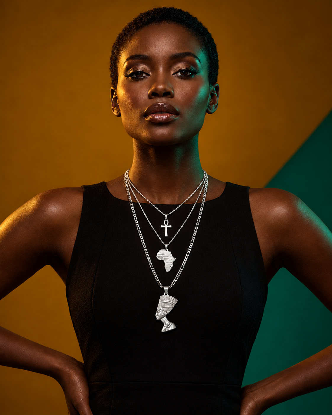 AI-generated SERYN studio campaign: Black female model wearing the three-necklace set in Silver.