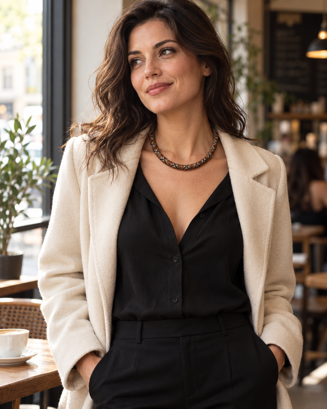 A woman in a cream coat and black blouse wearing the python-pattern necklace
