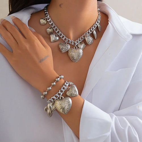 2 PCS Exaggerated Heart Necklace & Bracelet Set