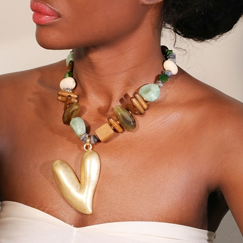 Boho Wood Bead Heart Necklace