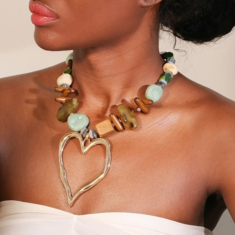 Boho Wood Bead Heart Necklace