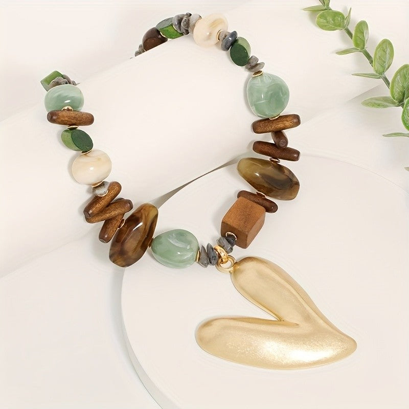 Boho Wood Bead Heart Necklace