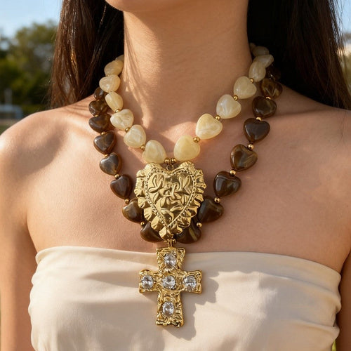 18k Layered Heart Bead Cross Necklace