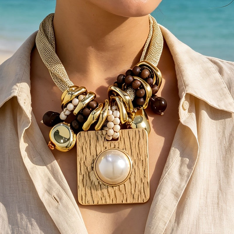 Vintage Geometric Beaded Statement Necklace