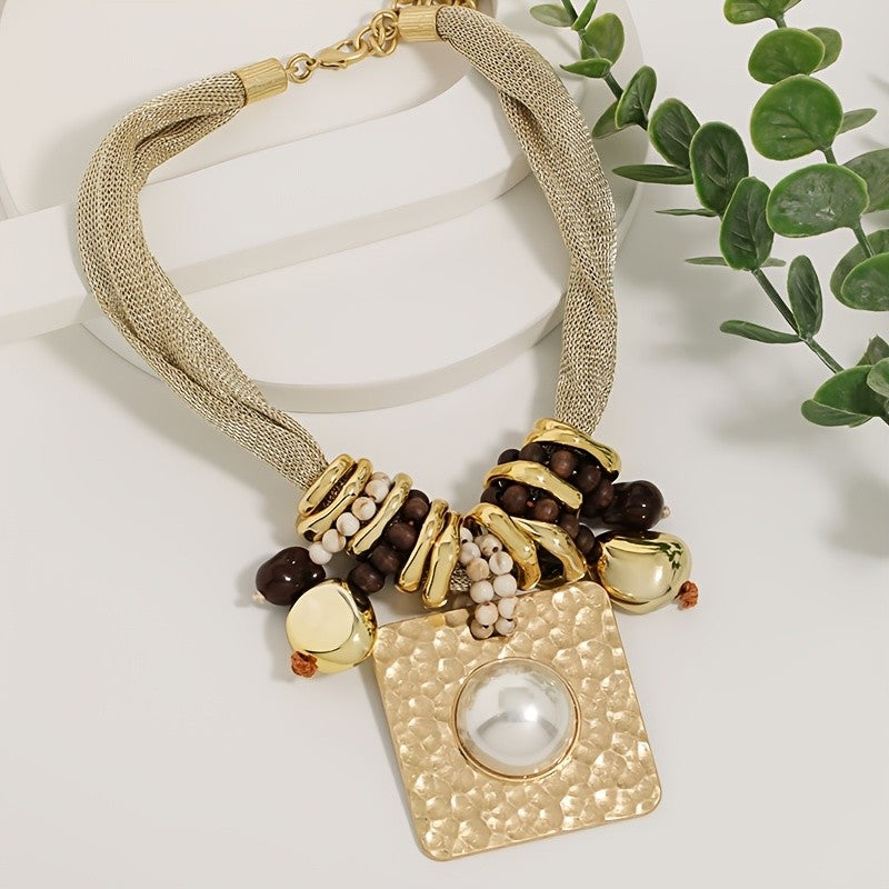 Vintage Geometric Beaded Statement Necklace