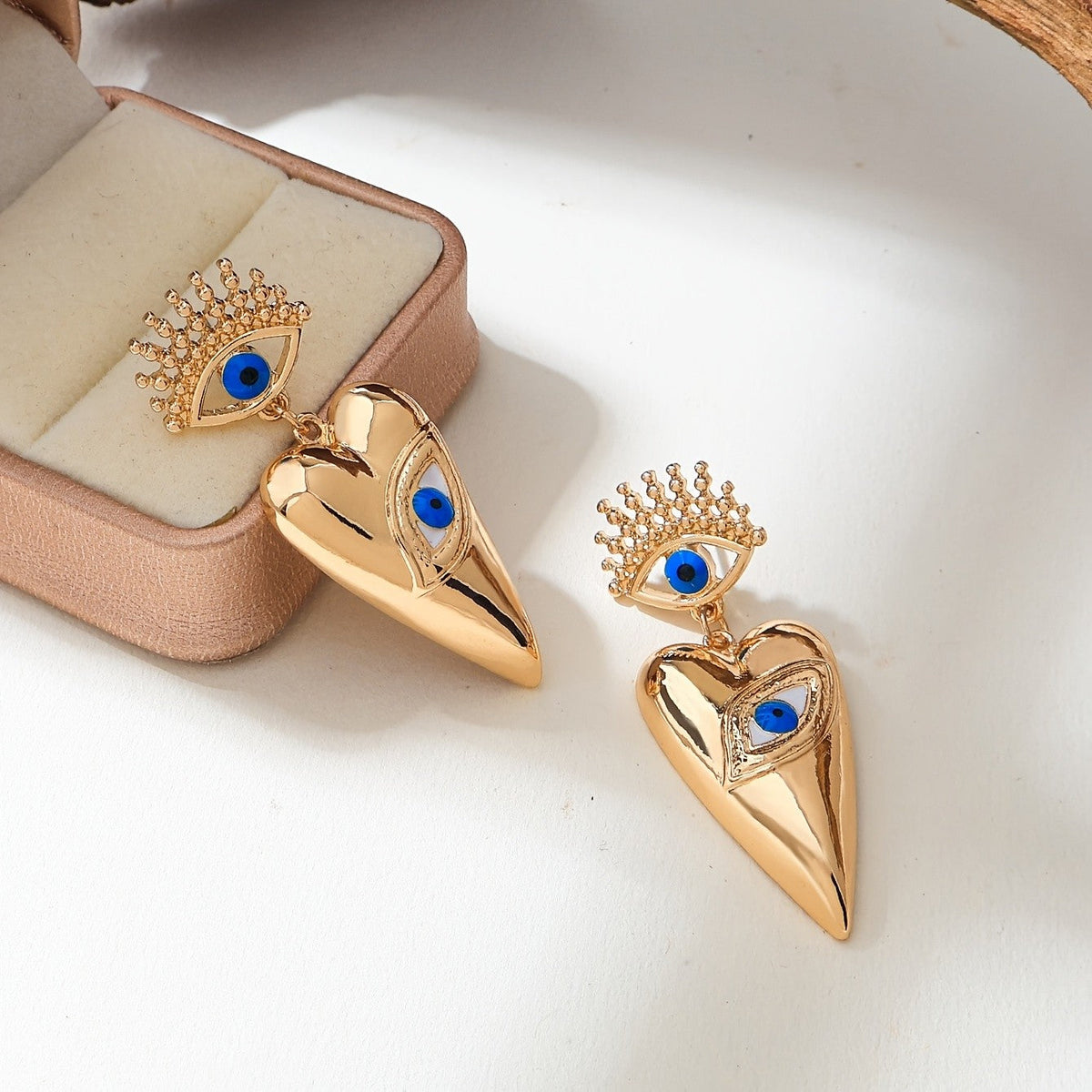 Vintage Gold Heart Evil Eye Earrings