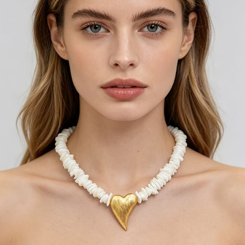 Boho White Bead Heart Necklace