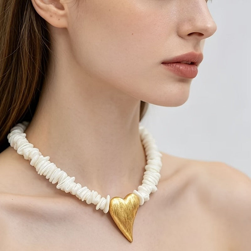 Boho White Bead Heart Necklace