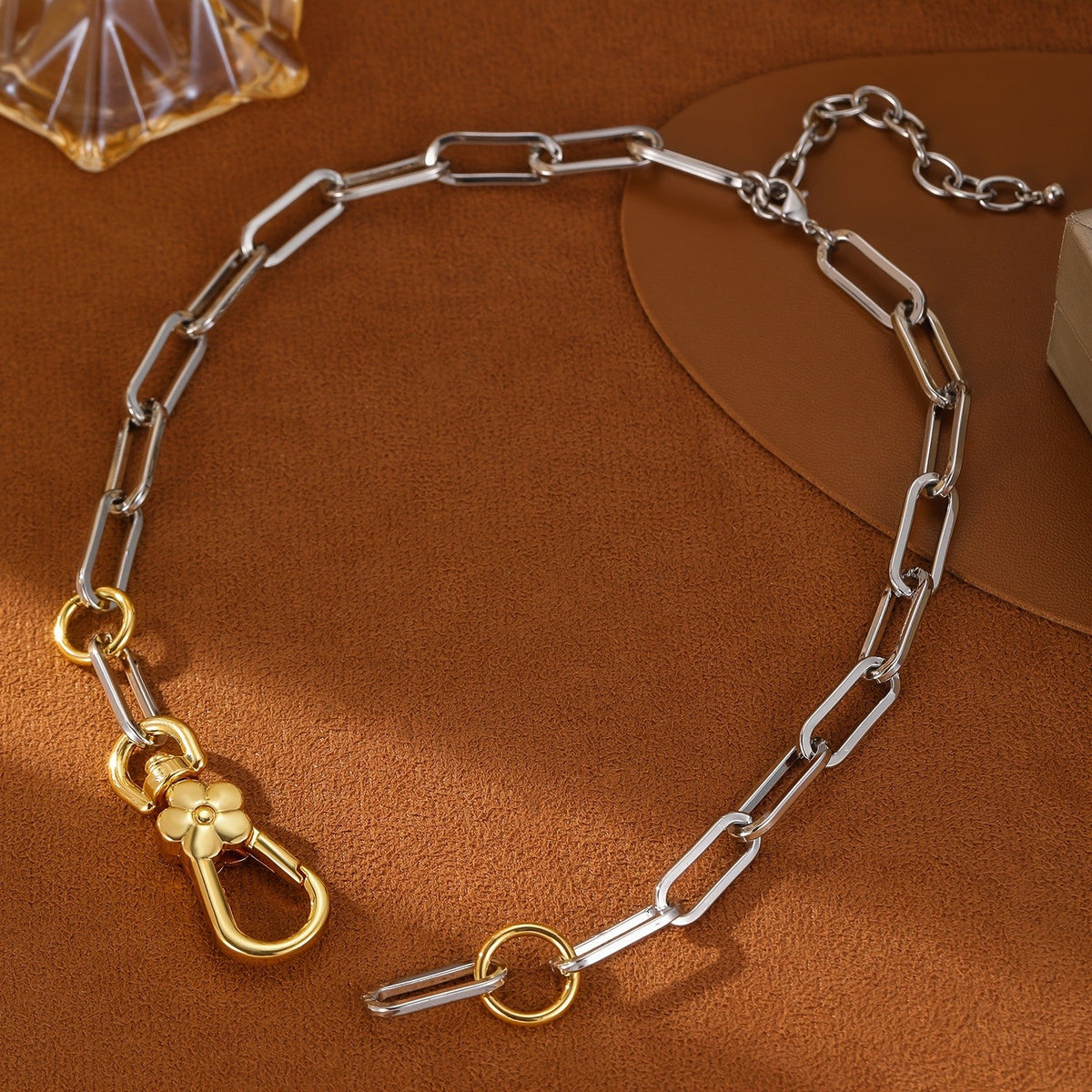 Two-Tone Flower Carabiner Chain Necklace