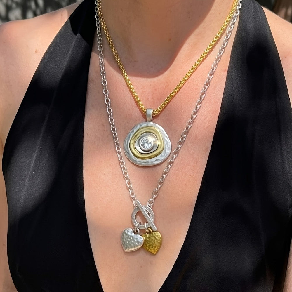 Two-Tone Hammered Heart & Round Pendant Necklace Set