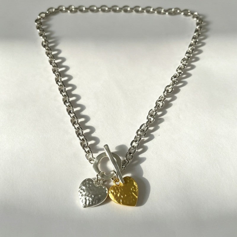 Two-Tone Hammered Heart & Round Pendant Necklace Set
