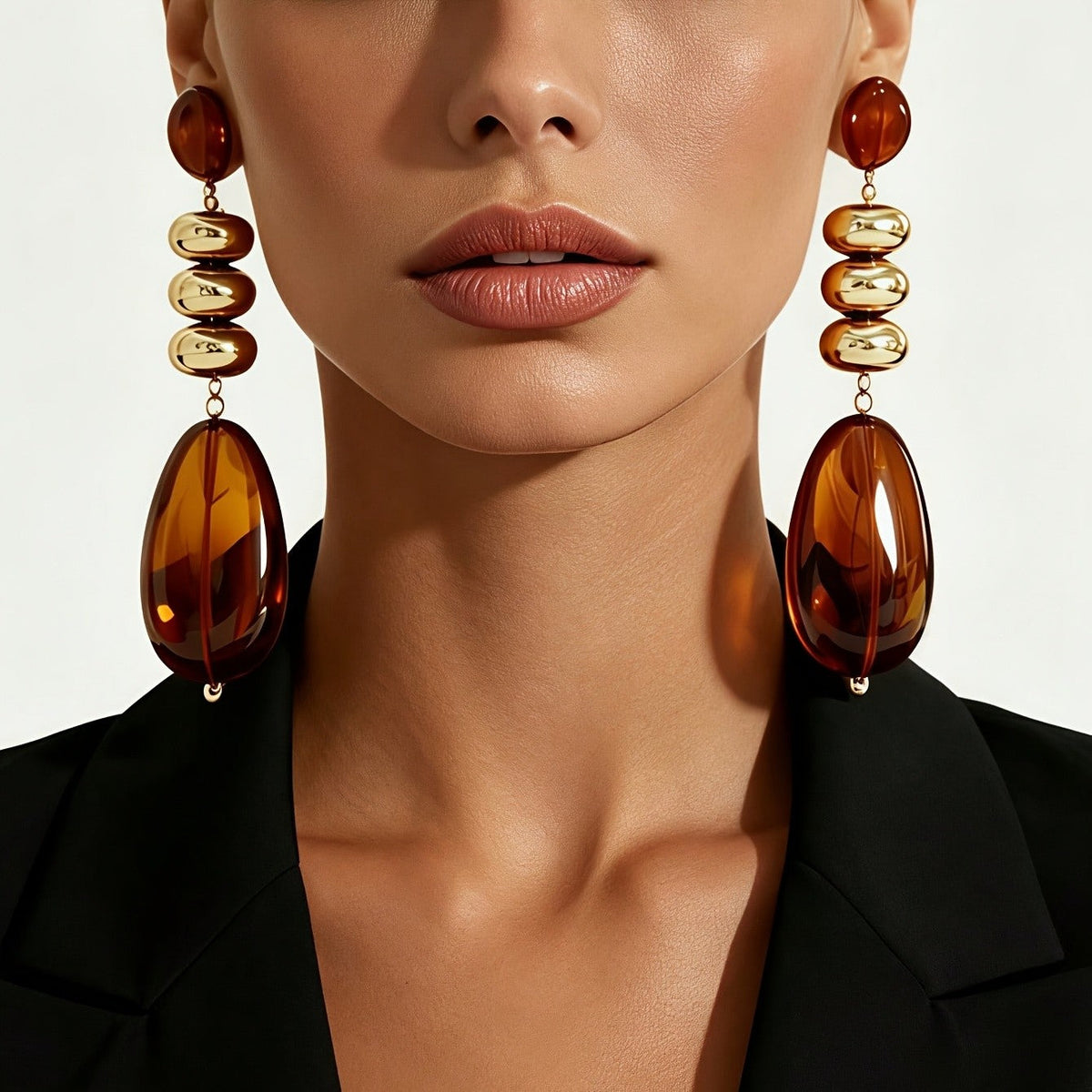 Amber Tone Stacked Oval Drop Earrings