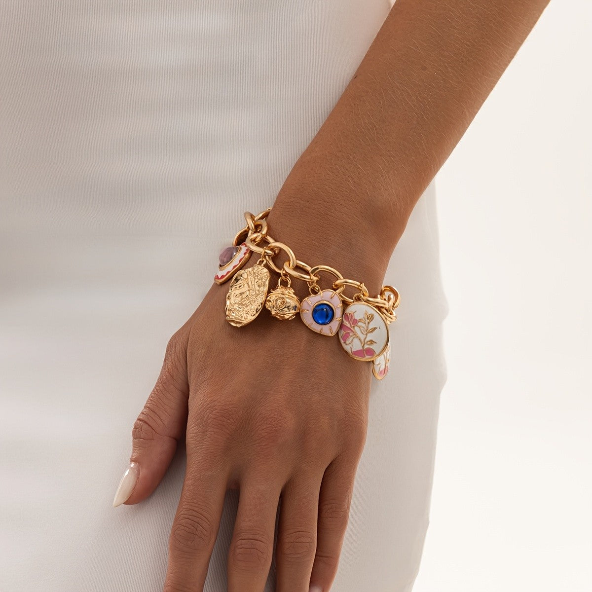 Vintage Enamel Flower Charm Bracelet
