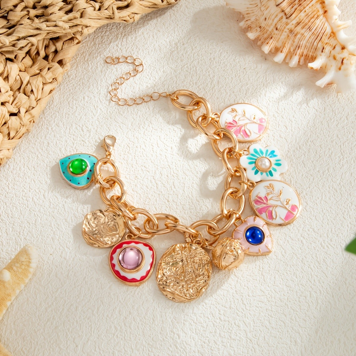 Vintage Enamel Flower Charm Bracelet