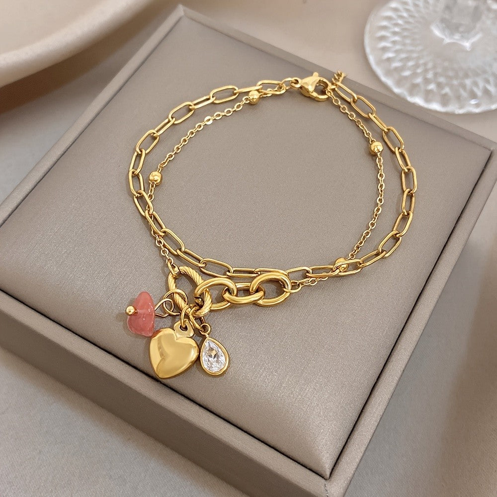 18k Layered Heart Charm Bracelet