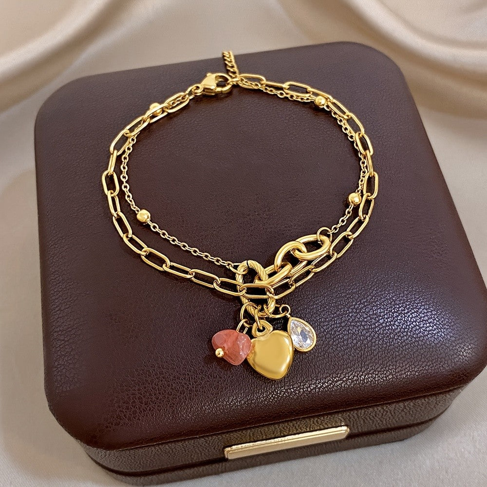 18k Layered Heart Charm Bracelet