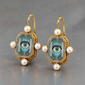 Vintage Square Evil Eye Pearl Earrings