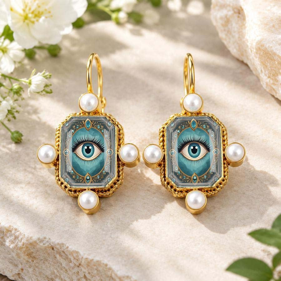 Vintage Square Evil Eye Pearl Earrings