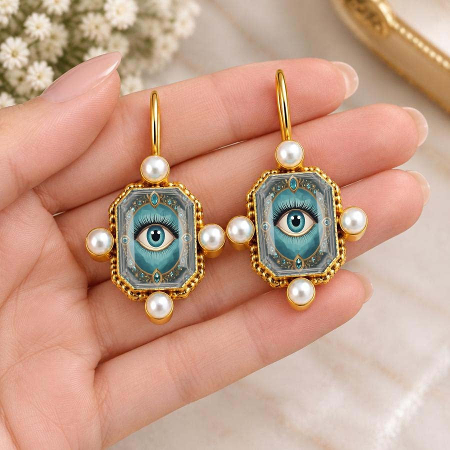 Vintage Square Evil Eye Pearl Earrings