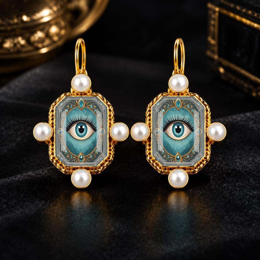 Vintage Square Evil Eye Pearl Earrings