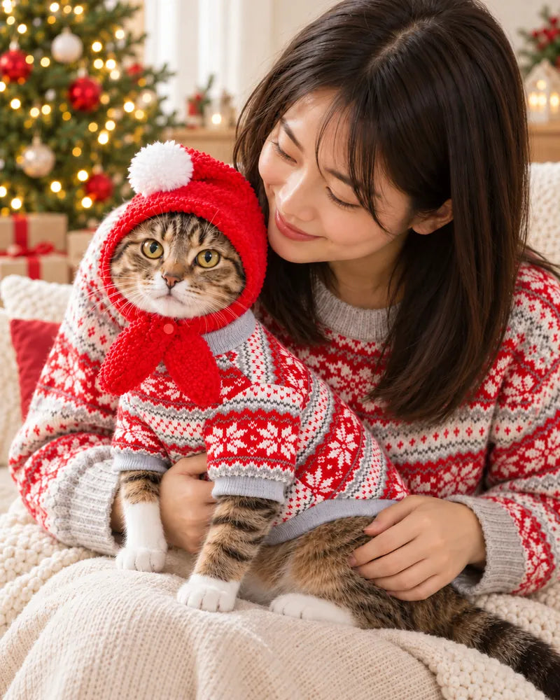 赤いニットの女性が、ニットと帽子を着た猫を抱いている