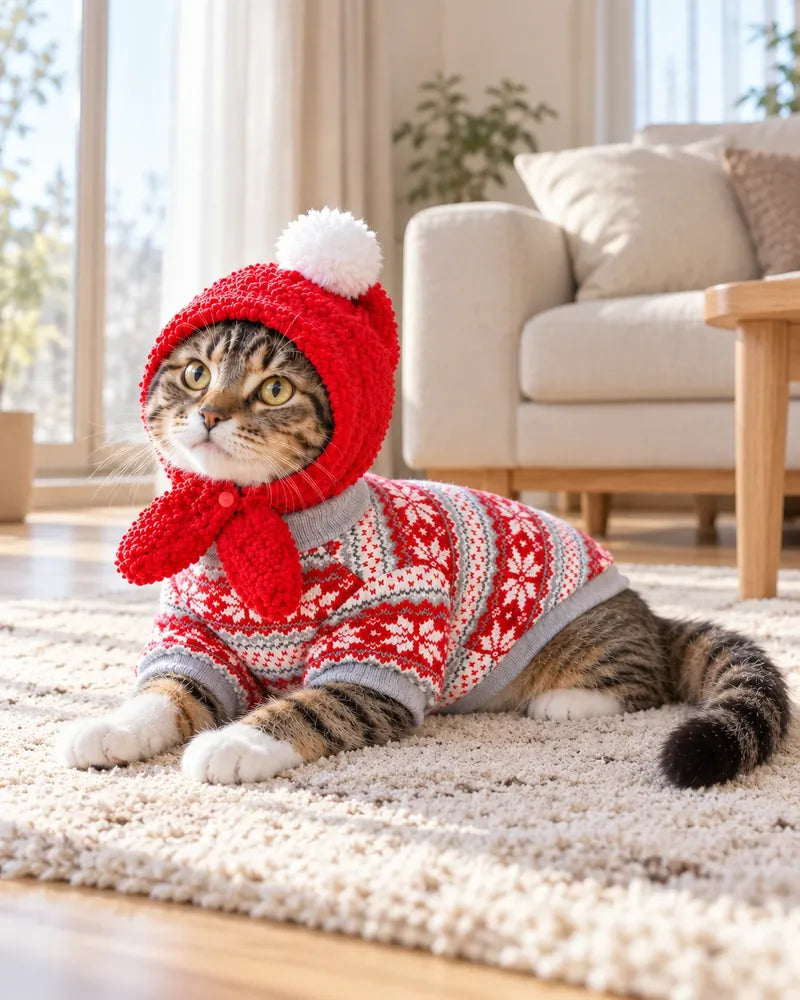ニットと帽子を着て、明るいリビングのラグでくつろぐ猫