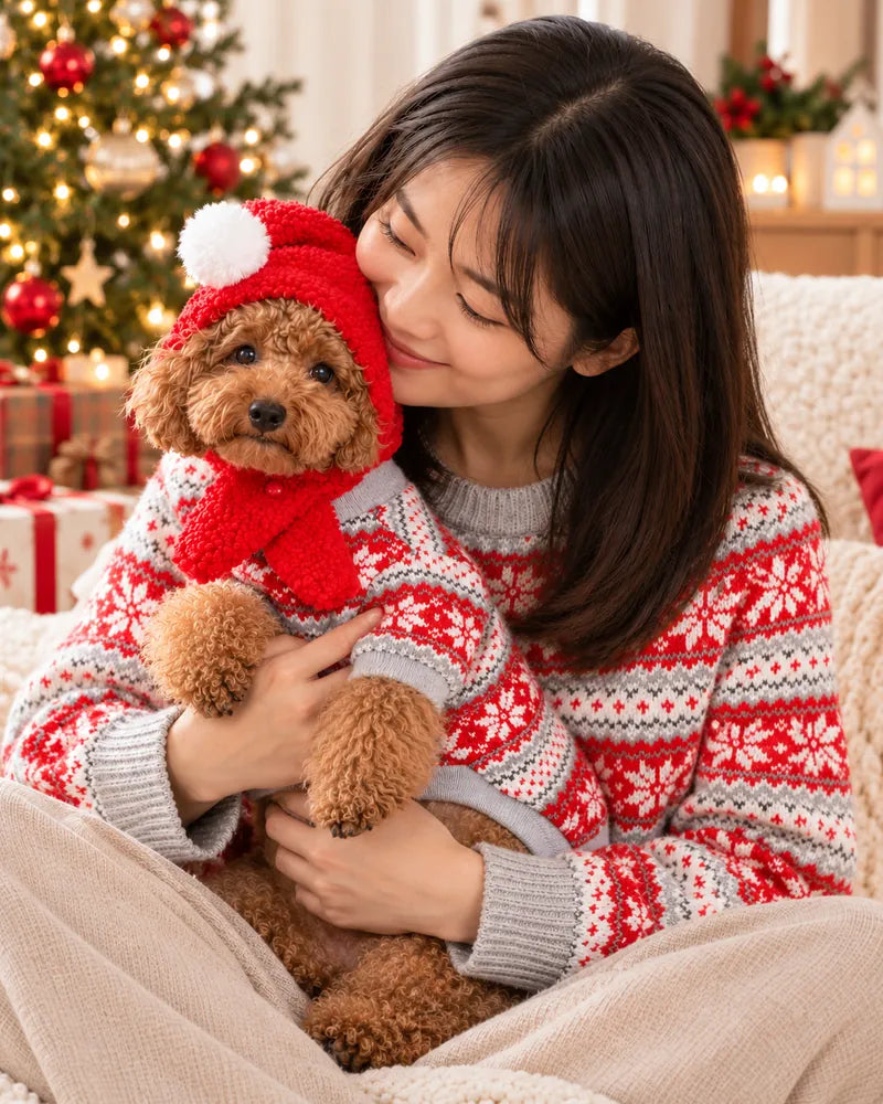 赤いニットの女性が、ニットと帽子を着たトイプードルを抱いている